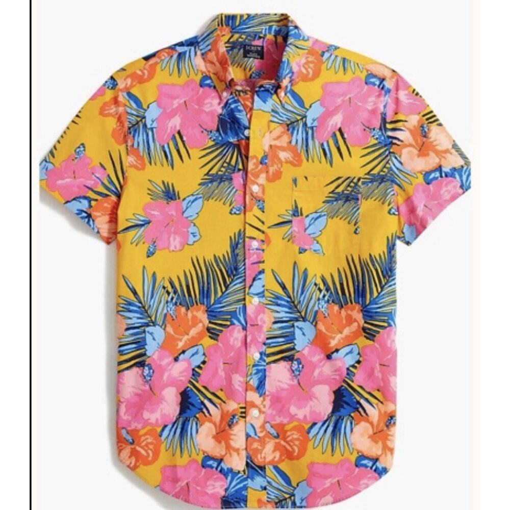 J Crew Flex Washed Slim Hawaiian Shirt Floral Yellow Pink Beach BBQ Preppy Large